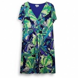 Avenue Plus Size 18/20 Floral Faux Wrap V-Neck Short Sleeve Dress Blue Green